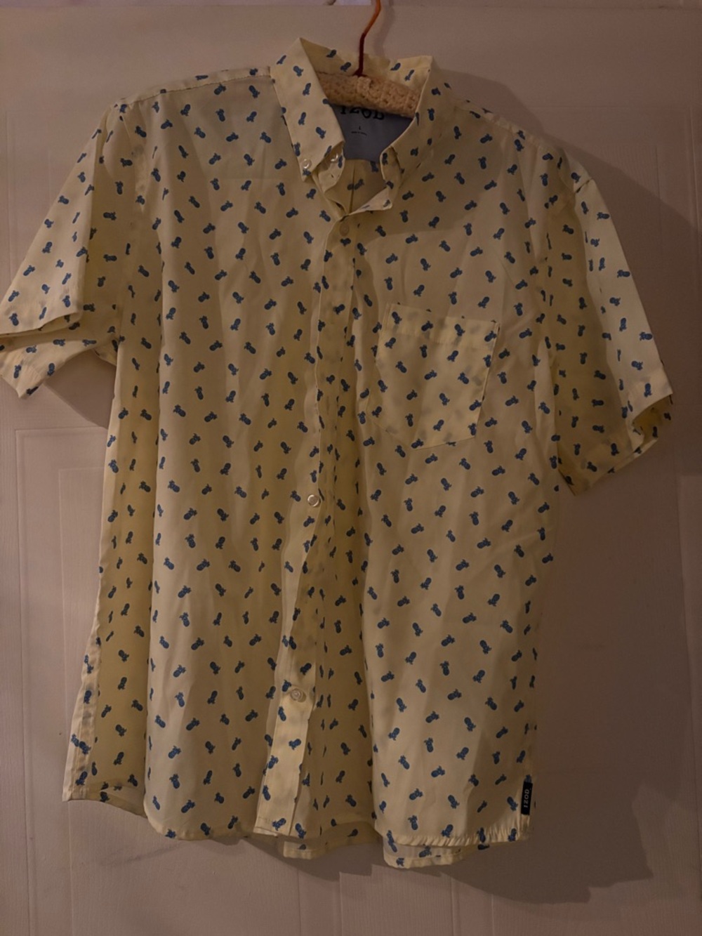 Izod Yellow Short-Sleeve Button-Down with Blue Print